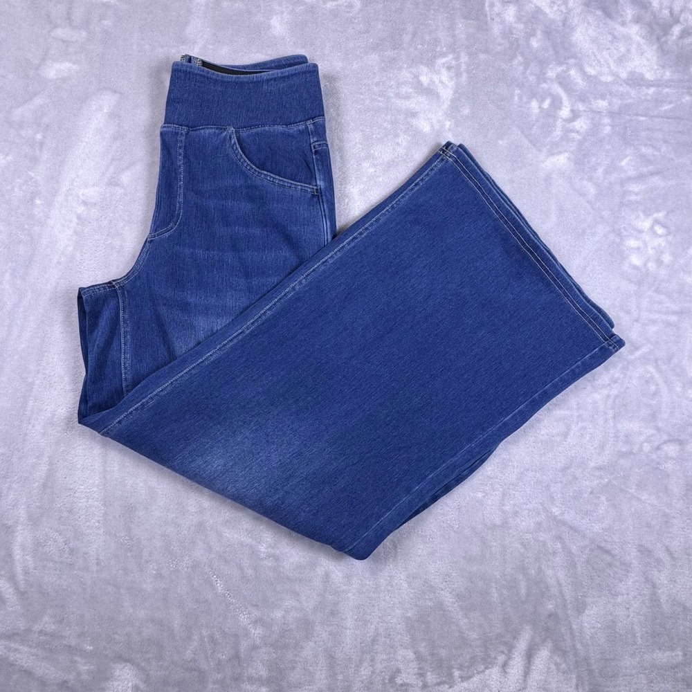 Halara Blue Wide Leg High Waisted Pull On Denim Jeans Small Petite Medium Wash